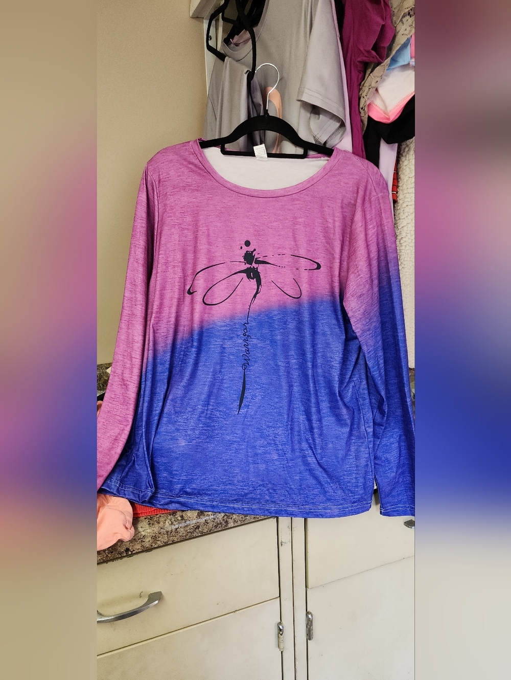 Women's Pink to Blue Ombre Long Sleeve Top with Dragonfly Graphic